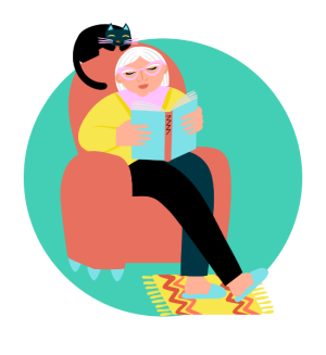 Illustration of women reading book sat in armchair